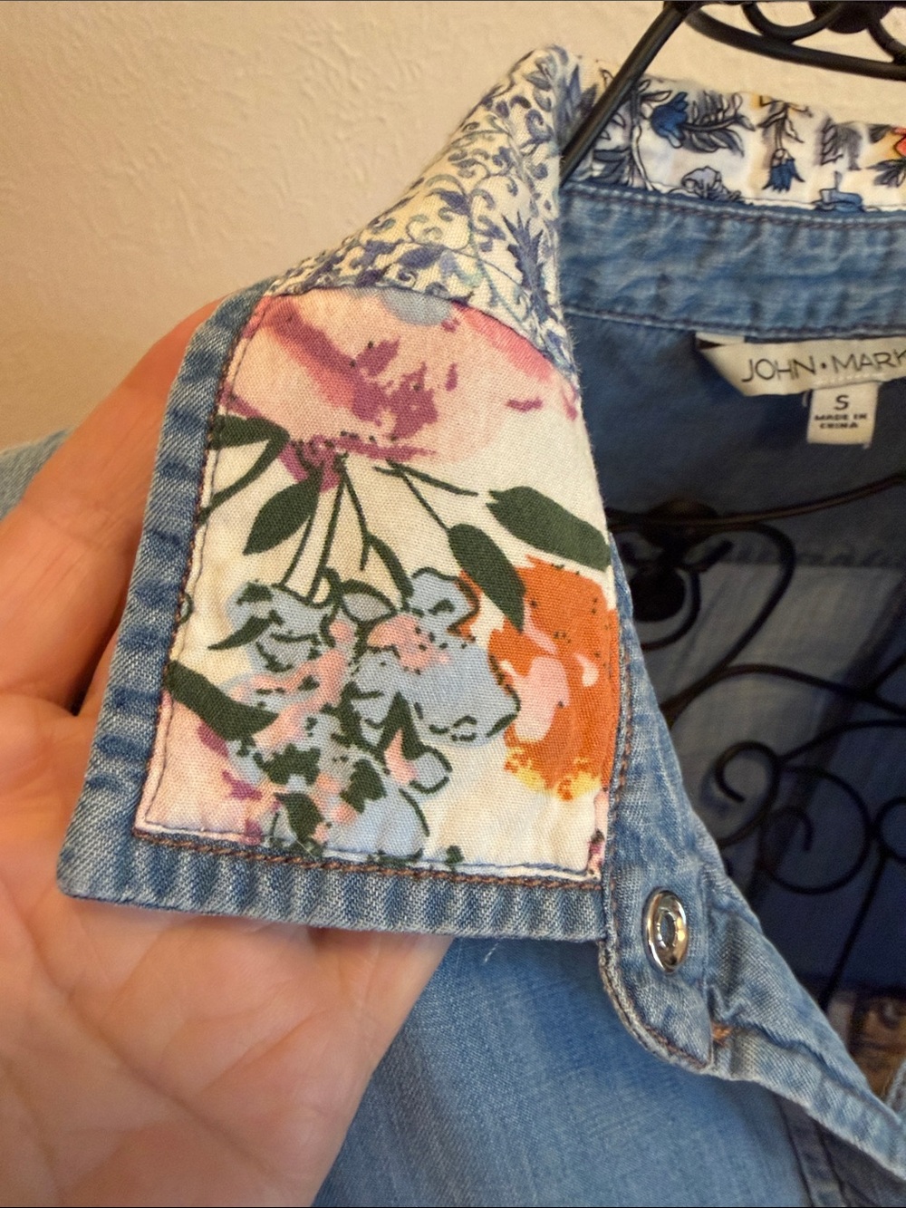 ๐๐๐BOGOHO๐๐๐John Mark Blue Denim Patchwork Button-Down Top-S - Picture 6 of 16